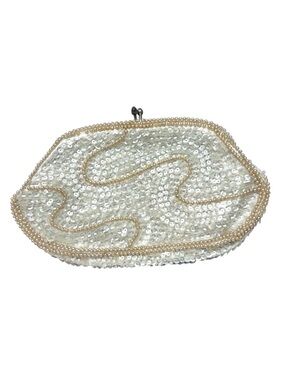 Vintage MCM Kiss Lock Formal Clutch Purse Iridescent Sequin Pearl Beaded